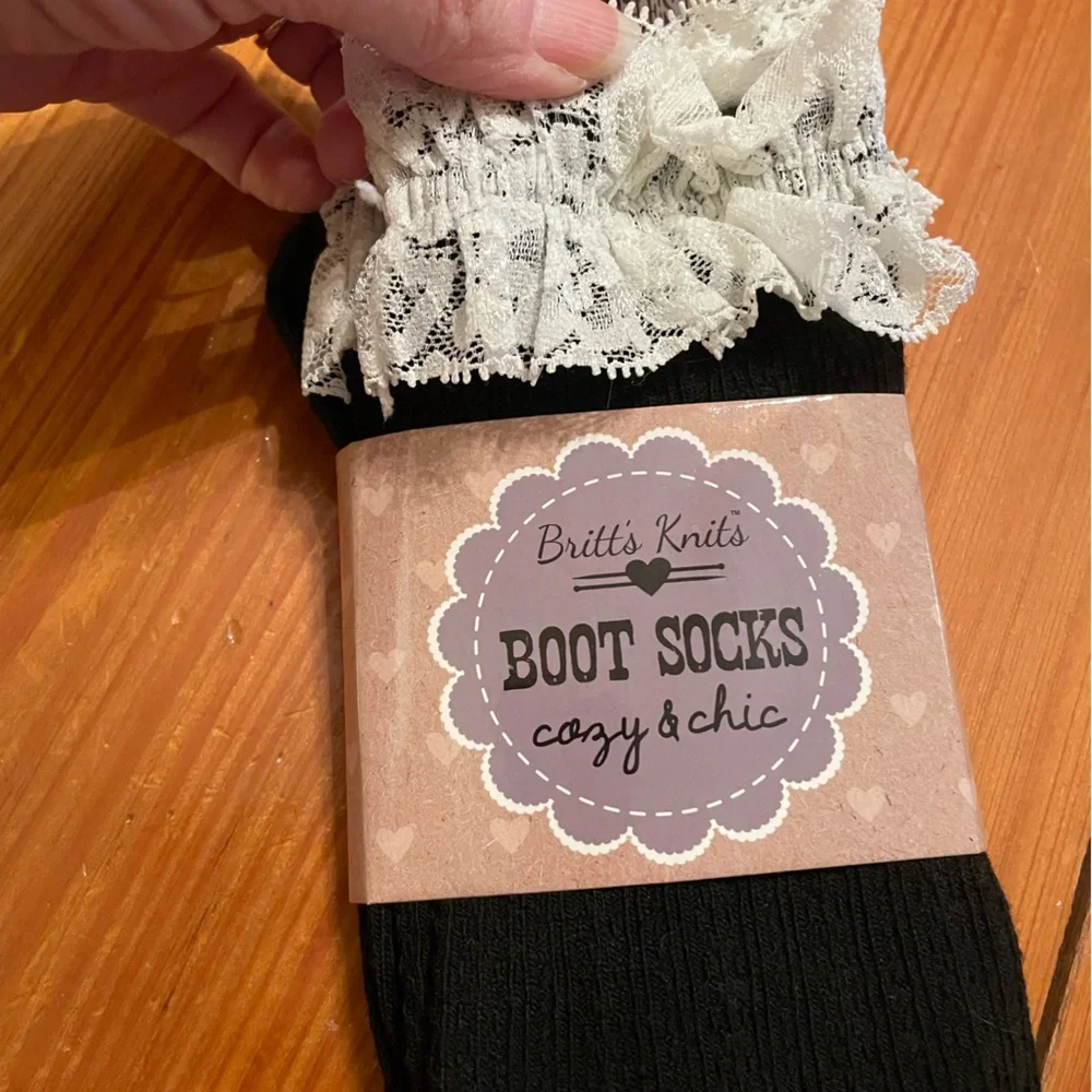 Britt’s Knits Black Boot Socks‎ with Lace Trim, NWT, OS